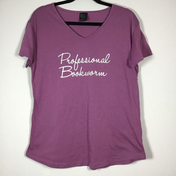 “Professional Bookworm” soft tee in eggplant purple v neck short sleeve size XL - Picture 1 of 4